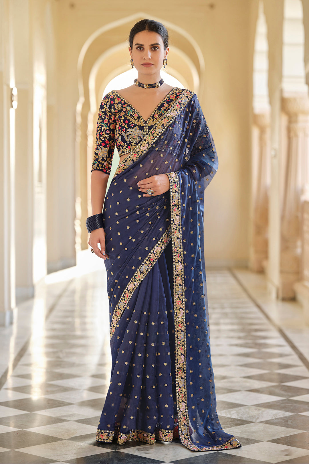 Premium Designer Blue Organza Traditional Set with Zari, Thread & Sequins Work