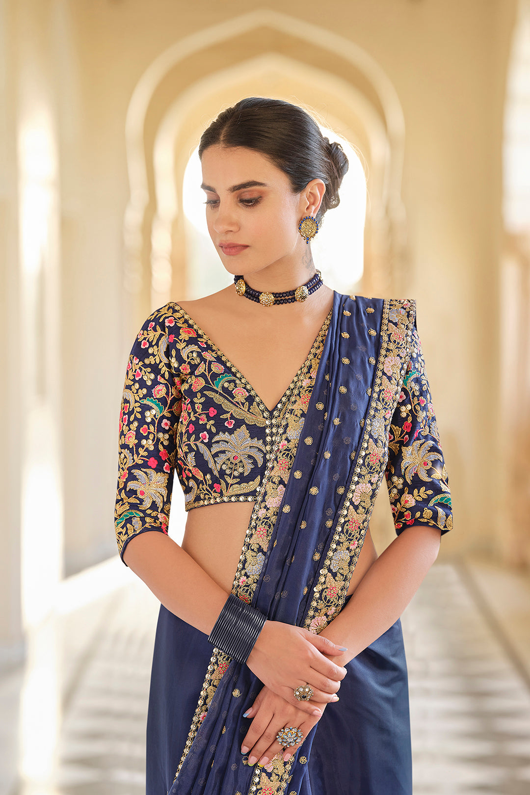 Premium Designer Blue Organza Traditional Set with Zari, Thread & Sequins Work