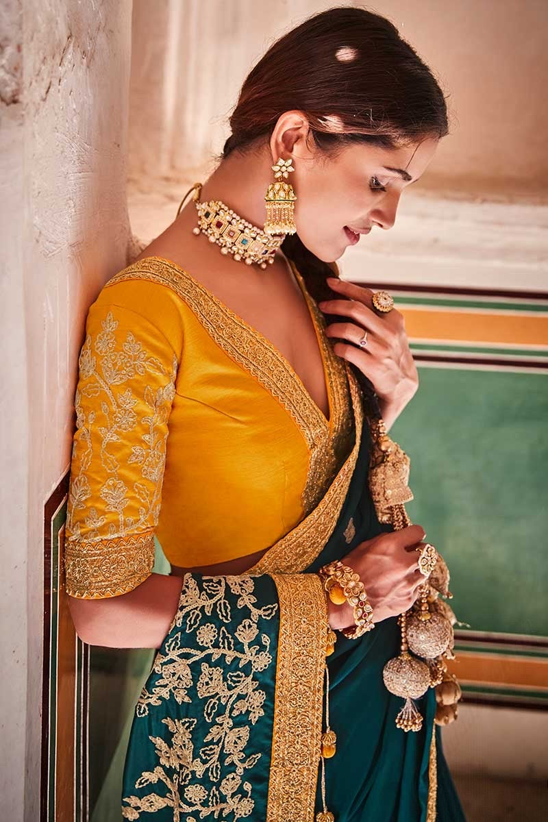 Premium Designer Rama Green Art Silk Saree with Dori & Sequins Detailing