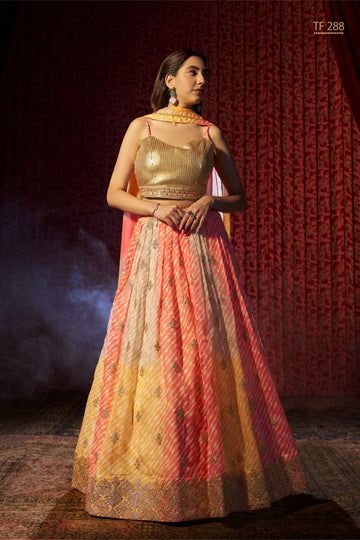 Aanya Gold & Coral Silk Lehenga Choli Set – Embellished Ethnic Festive Wear