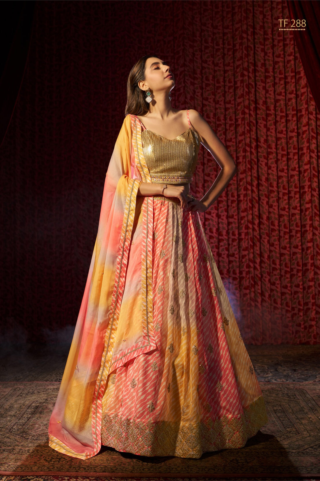 Aanya Gold & Coral Silk Lehenga Choli Set – Embellished Ethnic Festive Wear