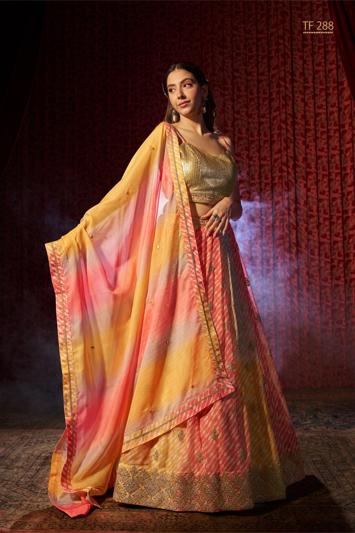 Aanya Gold & Coral Silk Lehenga Choli Set – Embellished Ethnic Festive Wear