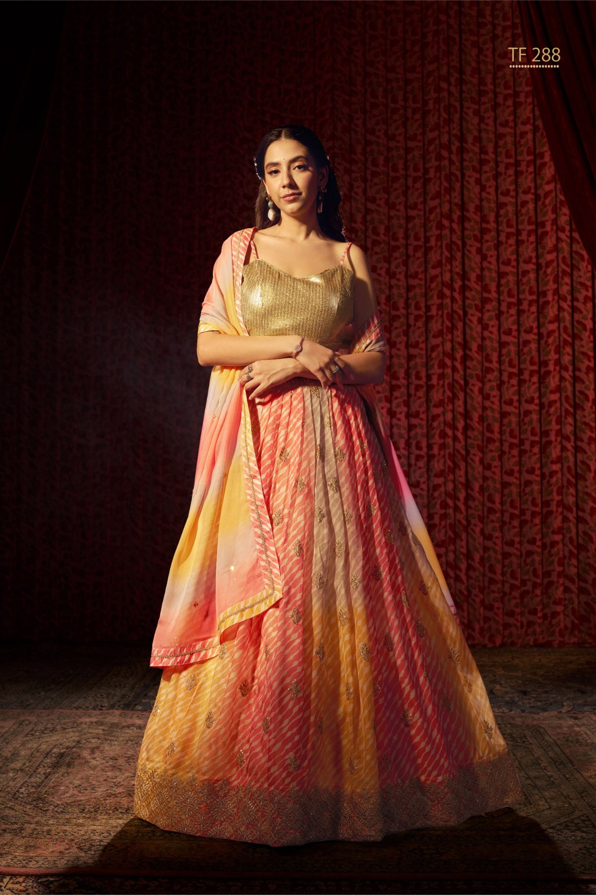 Aanya Gold & Coral Silk Lehenga Choli Set – Embellished Ethnic Festive Wear