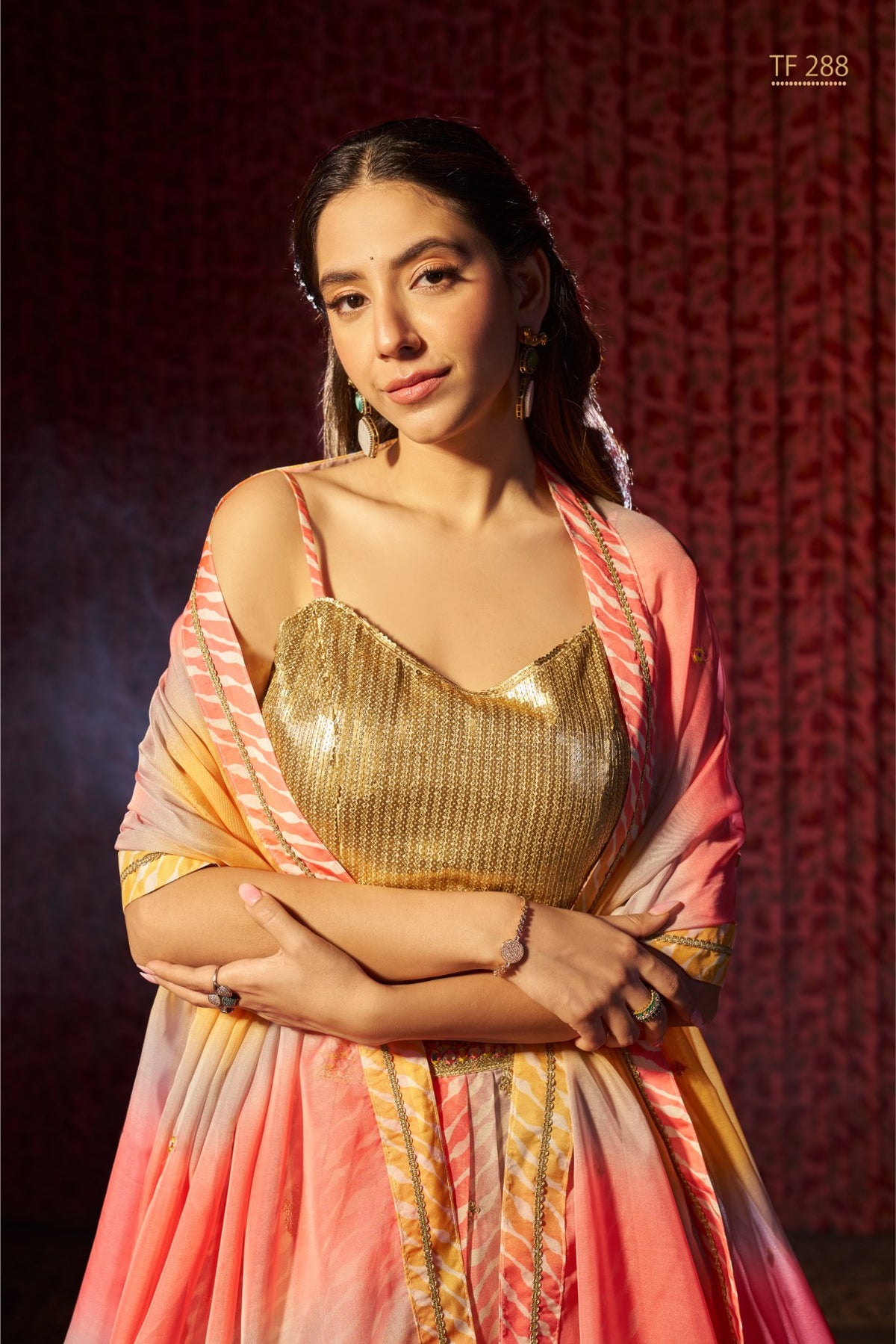 Aanya Gold & Coral Silk Lehenga Choli Set – Embellished Ethnic Festive Wear