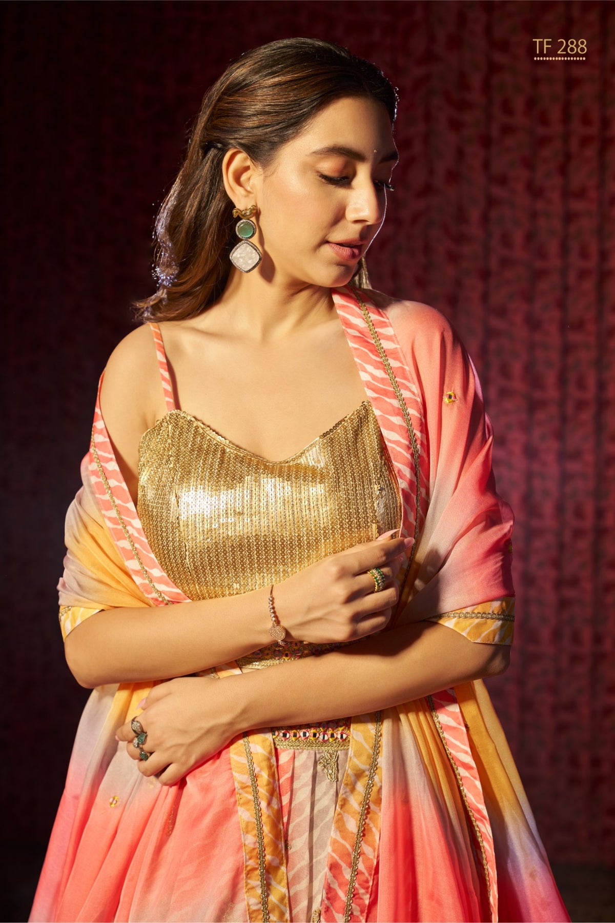 Aanya Gold & Coral Silk Lehenga Choli Set – Embellished Ethnic Festive Wear