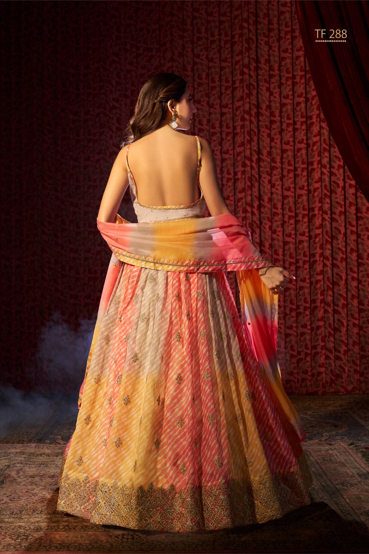Aanya Gold & Coral Silk Lehenga Choli Set – Embellished Ethnic Festive Wear