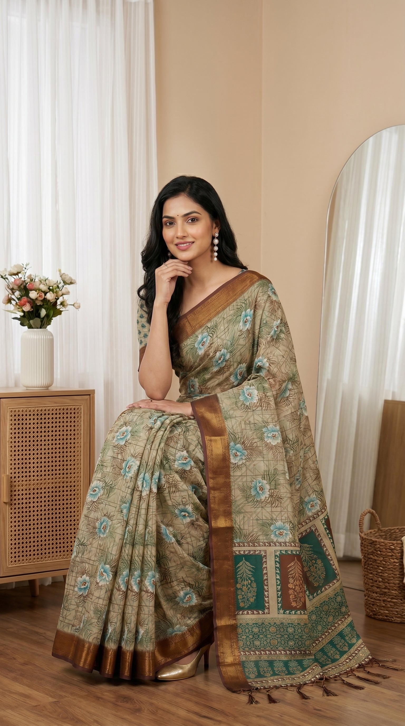 Beige & Aqua Blue Floral Tissue Saree with Zari Border and Tassel Pallu
