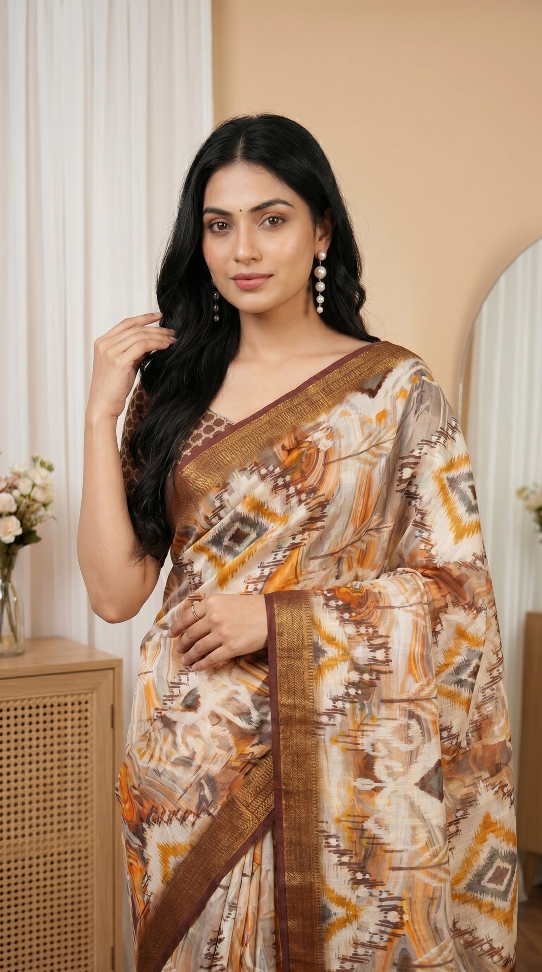 Cream Brown Tissue Silk Saree with Abstract Print & Designer Floral Pallu