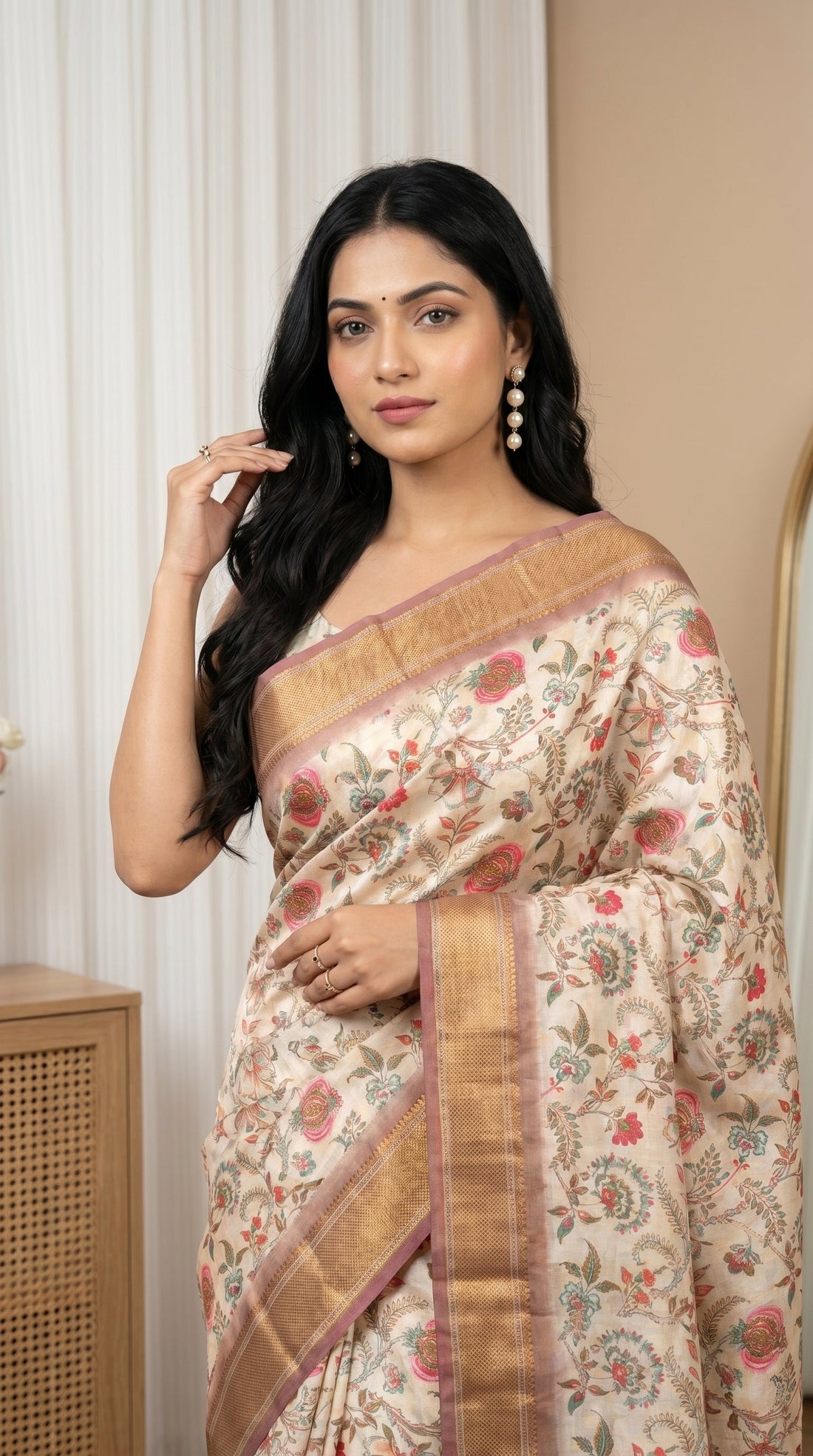 Elegant Floral Woven Tissue Silk Saree with Rich Zari Border