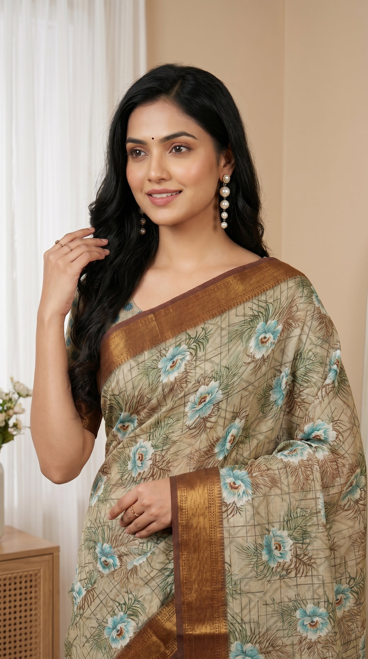 Beige & Aqua Blue Floral Tissue Saree with Zari Border and Tassel Pallu