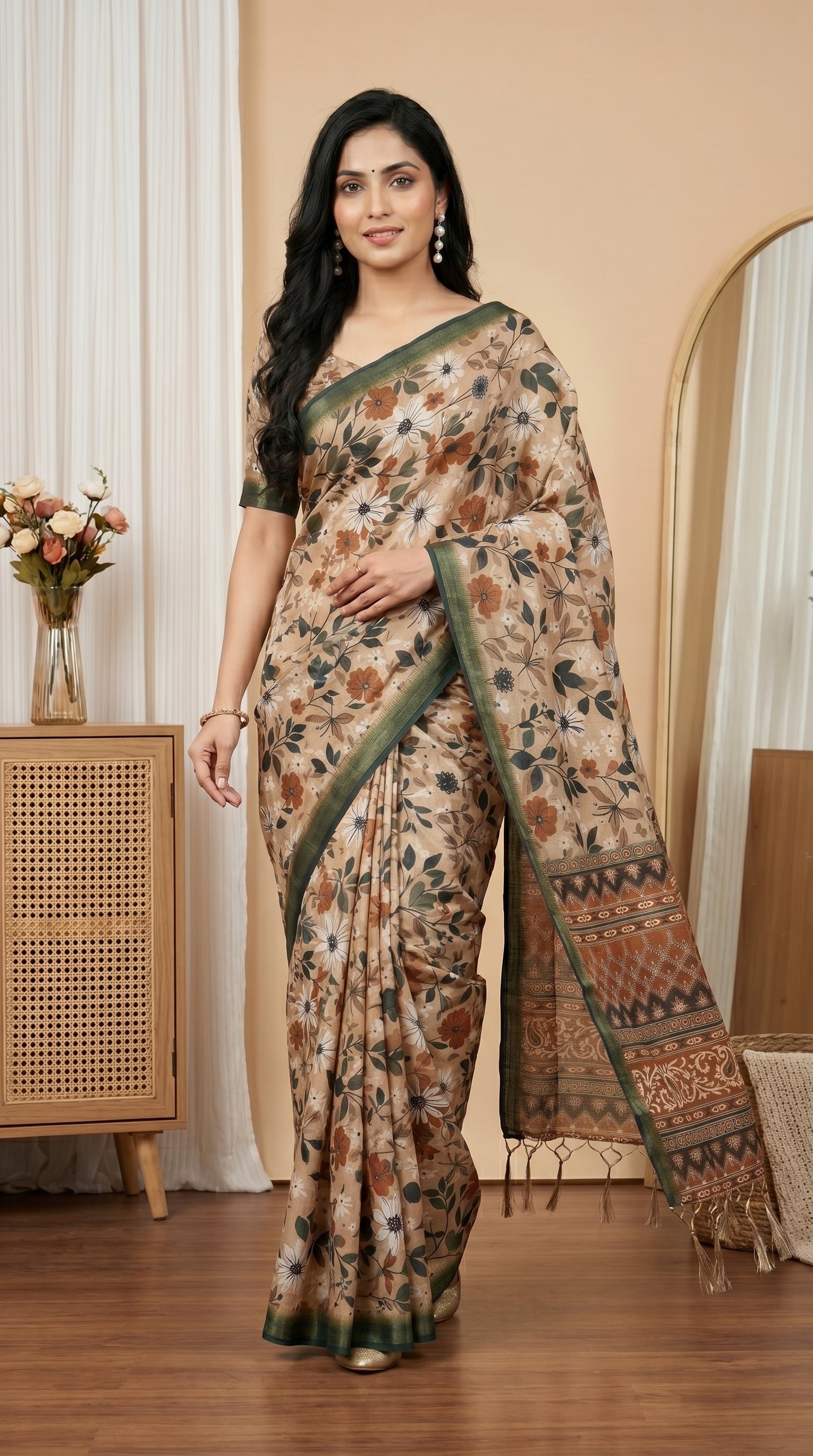 Beige Floral Tissue Silk Saree with Olive Green Border & Designer Pallu