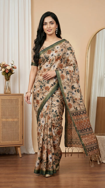 Beige Floral Tissue Silk Saree with Olive Green Border & Designer Pallu