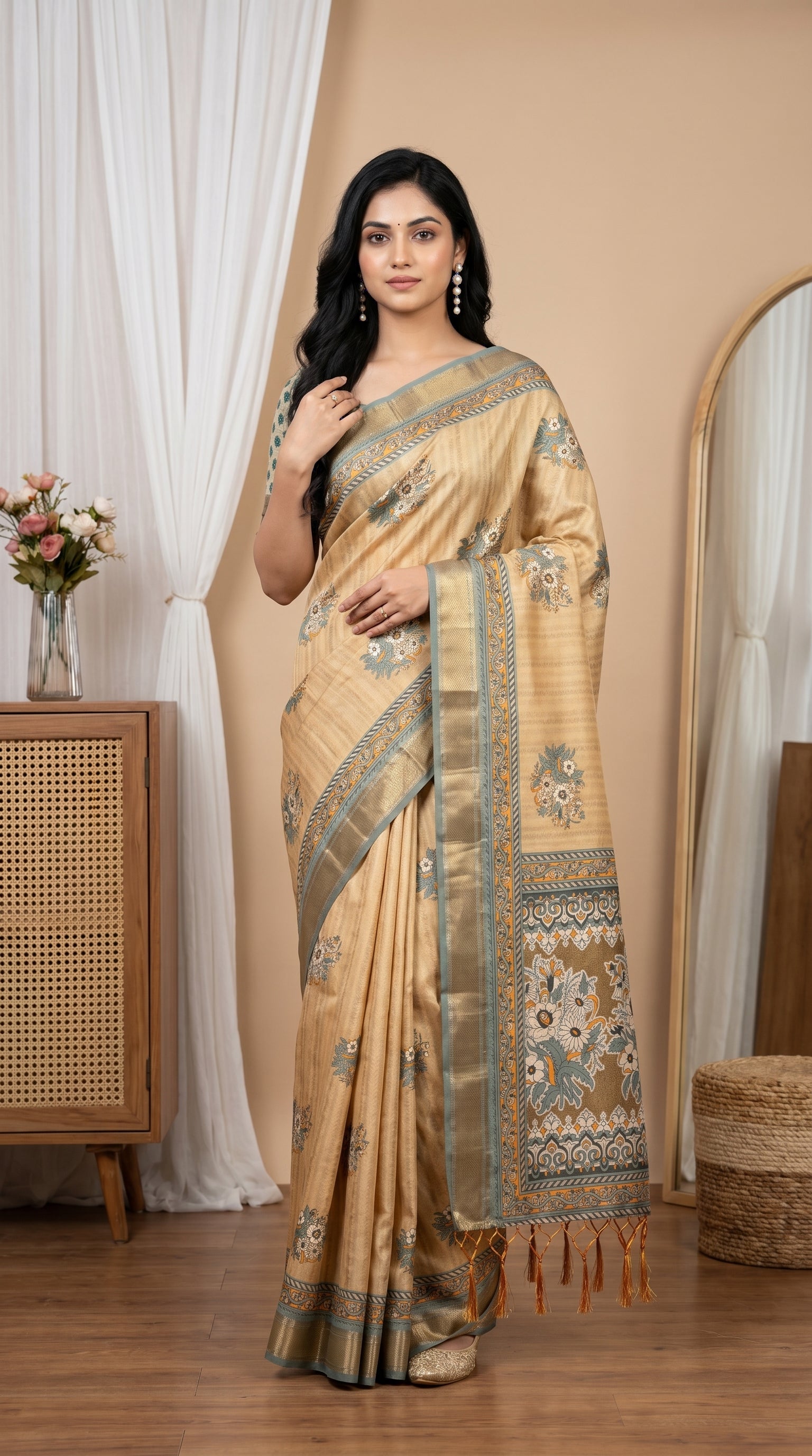 Graceful Golden Tissue Silk Saree with Floral Woven Accents