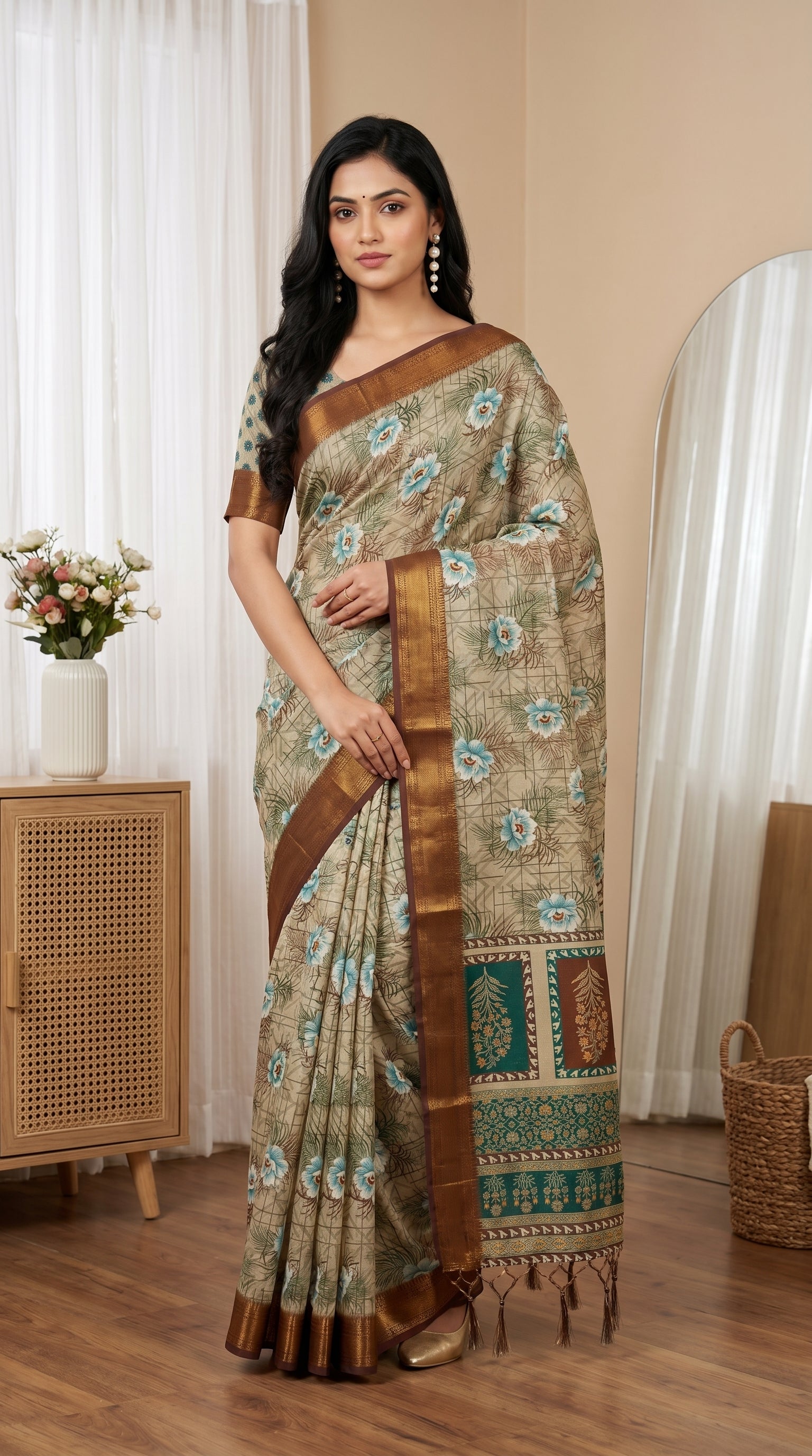 Beige & Aqua Blue Floral Tissue Saree with Zari Border and Tassel Pallu