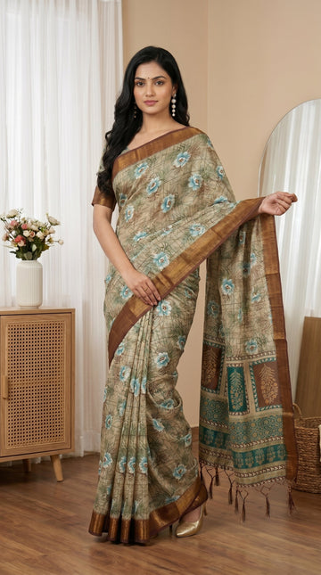 Beige & Aqua Blue Floral Tissue Saree with Zari Border and Tassel Pallu