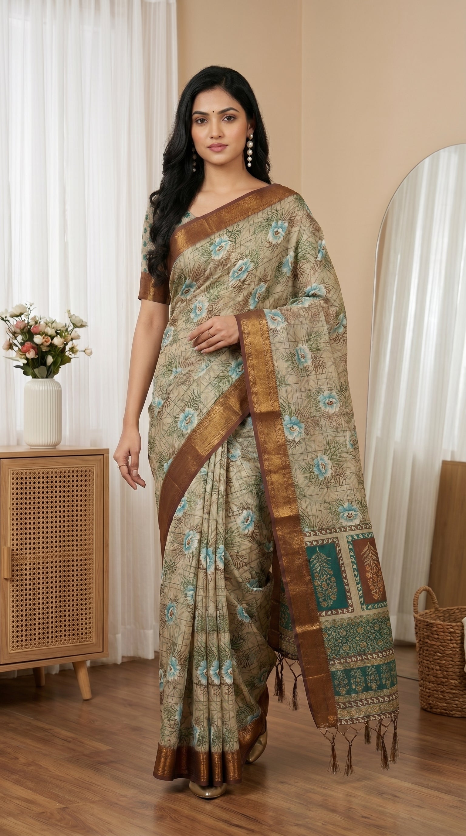 Beige & Aqua Blue Floral Tissue Saree with Zari Border and Tassel Pallu