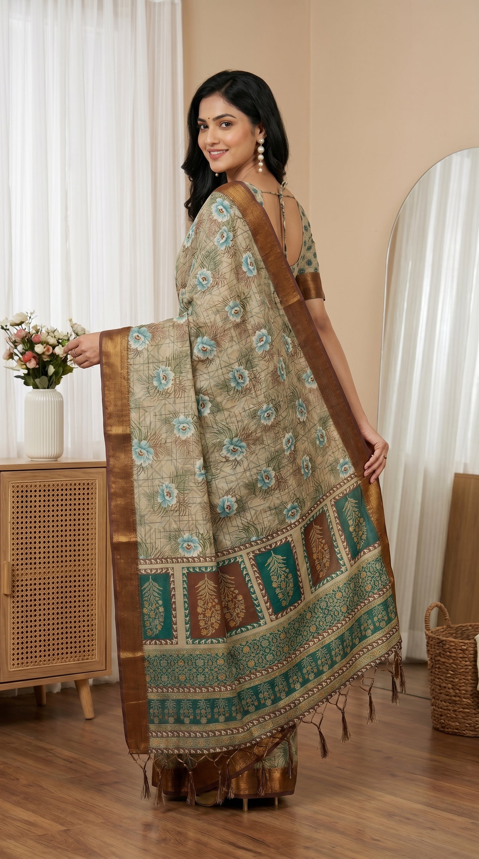 Beige & Aqua Blue Floral Tissue Saree with Zari Border and Tassel Pallu