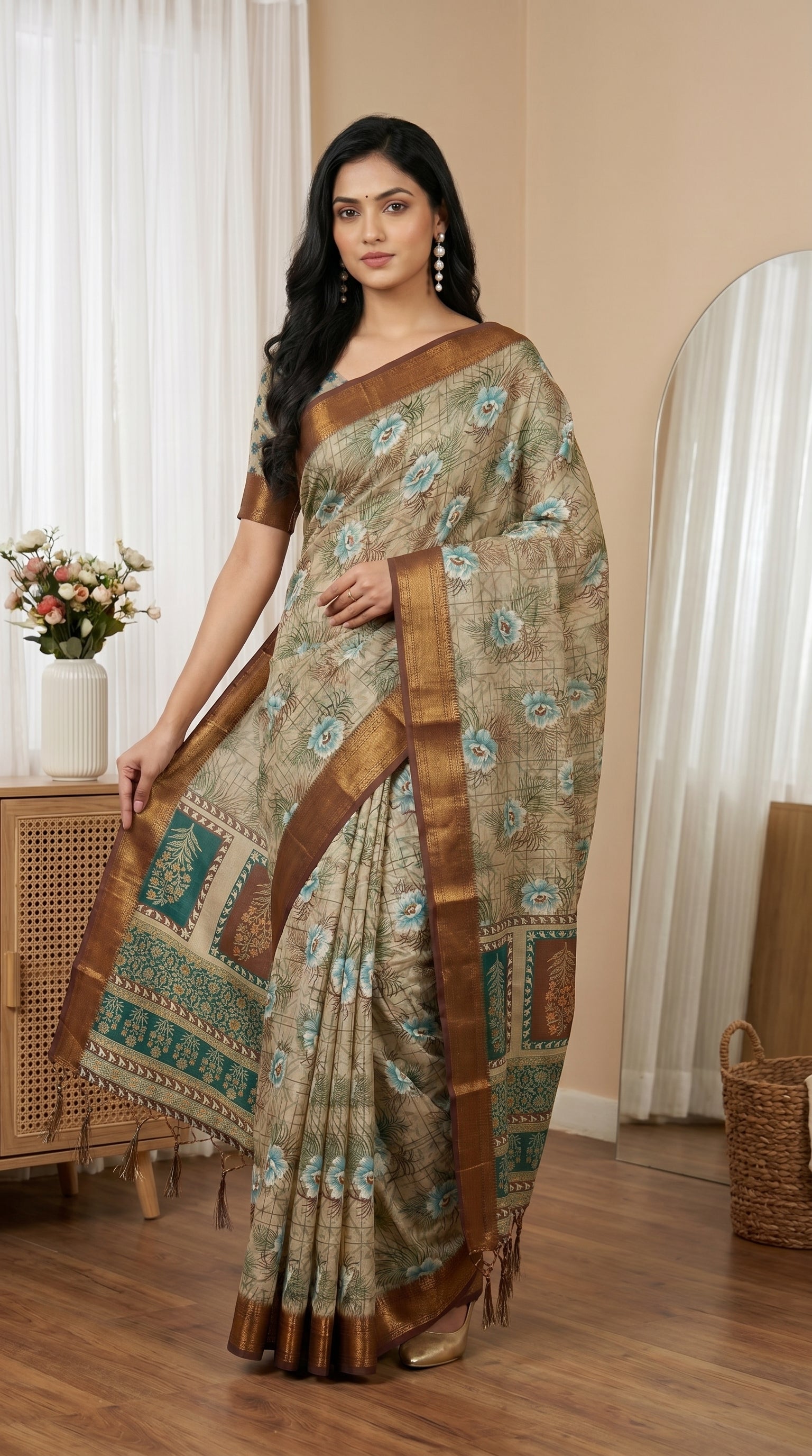 Beige & Aqua Blue Floral Tissue Saree with Zari Border and Tassel Pallu