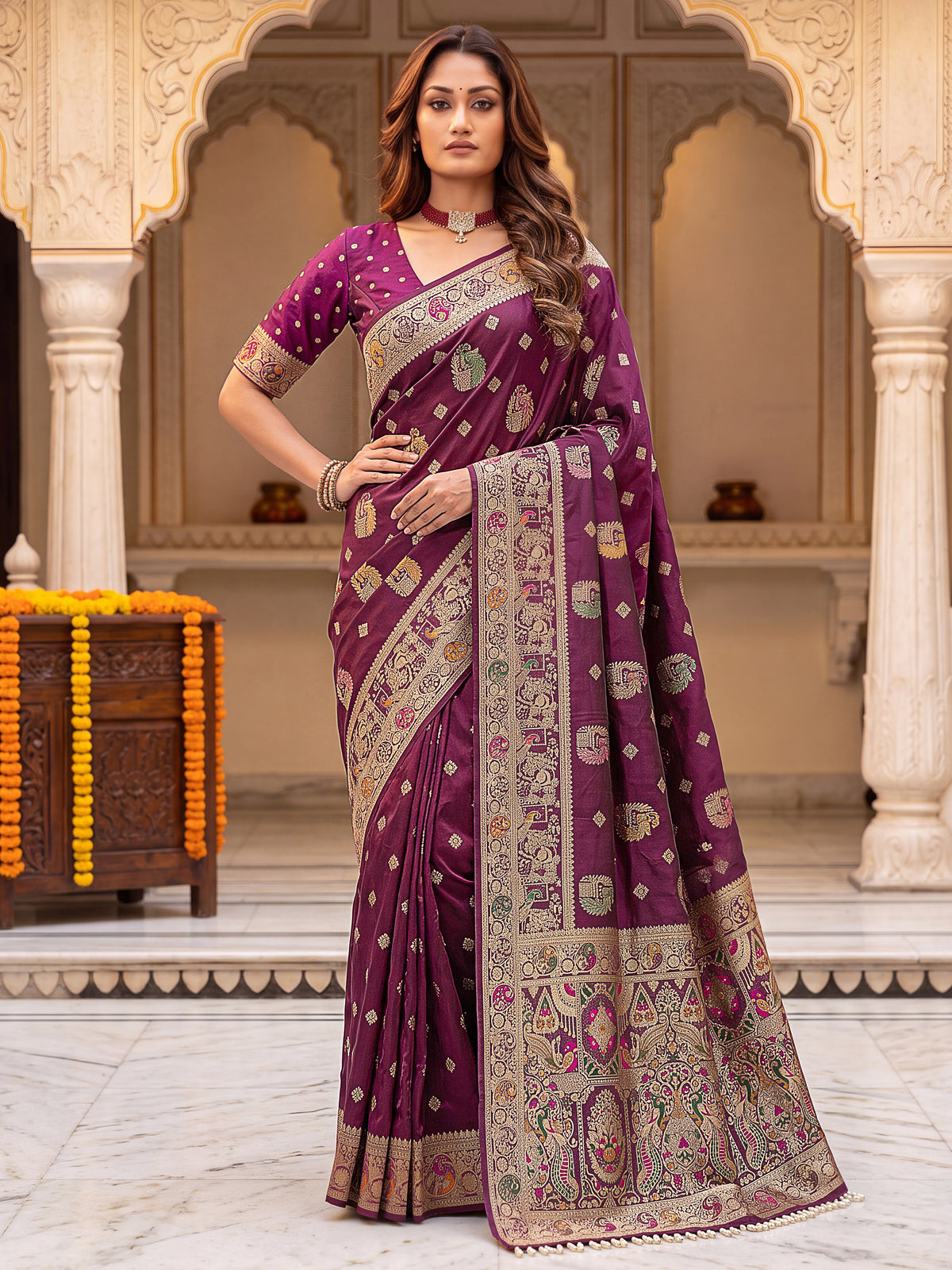 Royal Cherry Banarasi Silk Collectio Saree – Designer Festiven