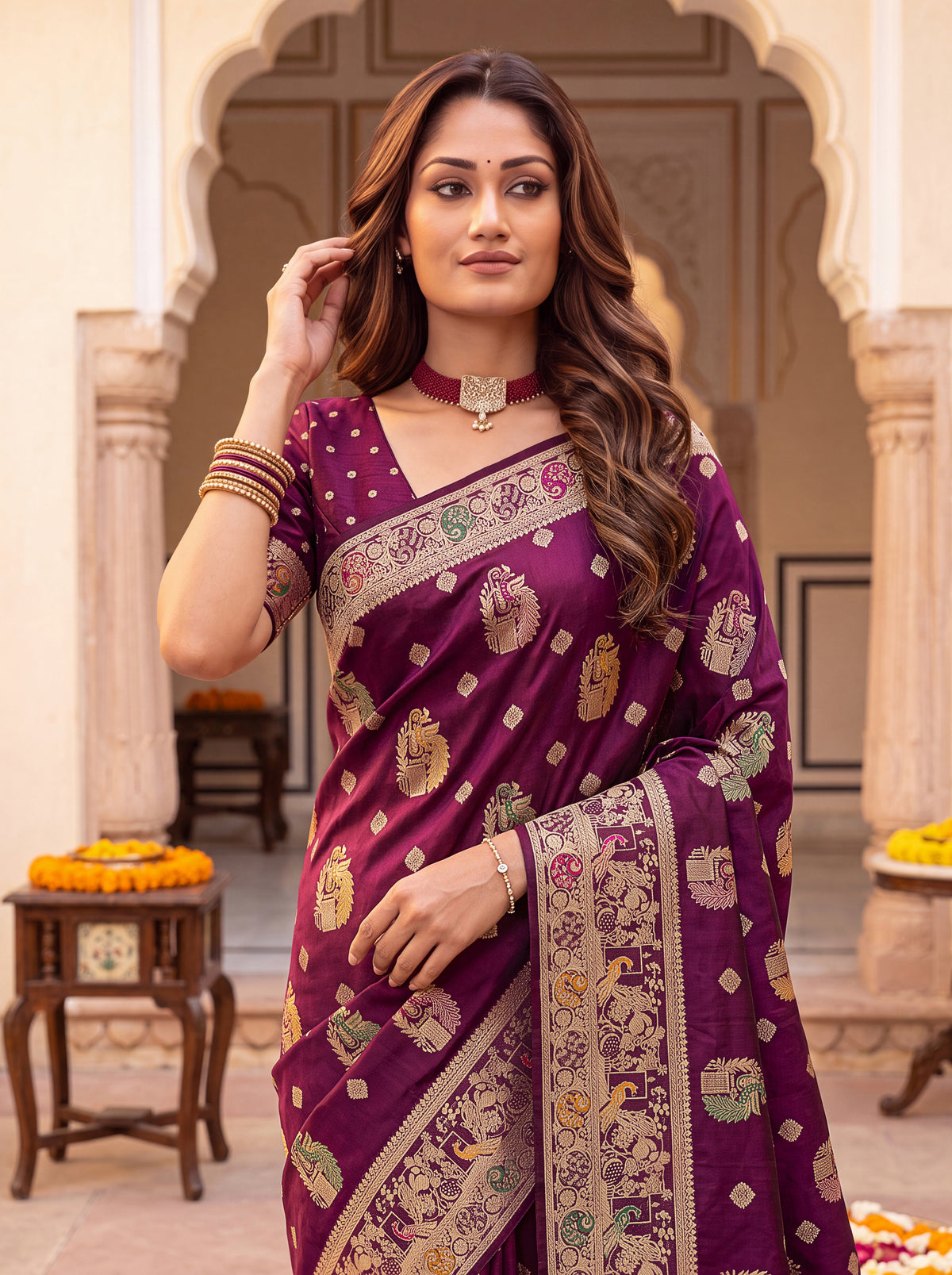 Royal Cherry Banarasi Silk Collectio Saree – Designer Festiven