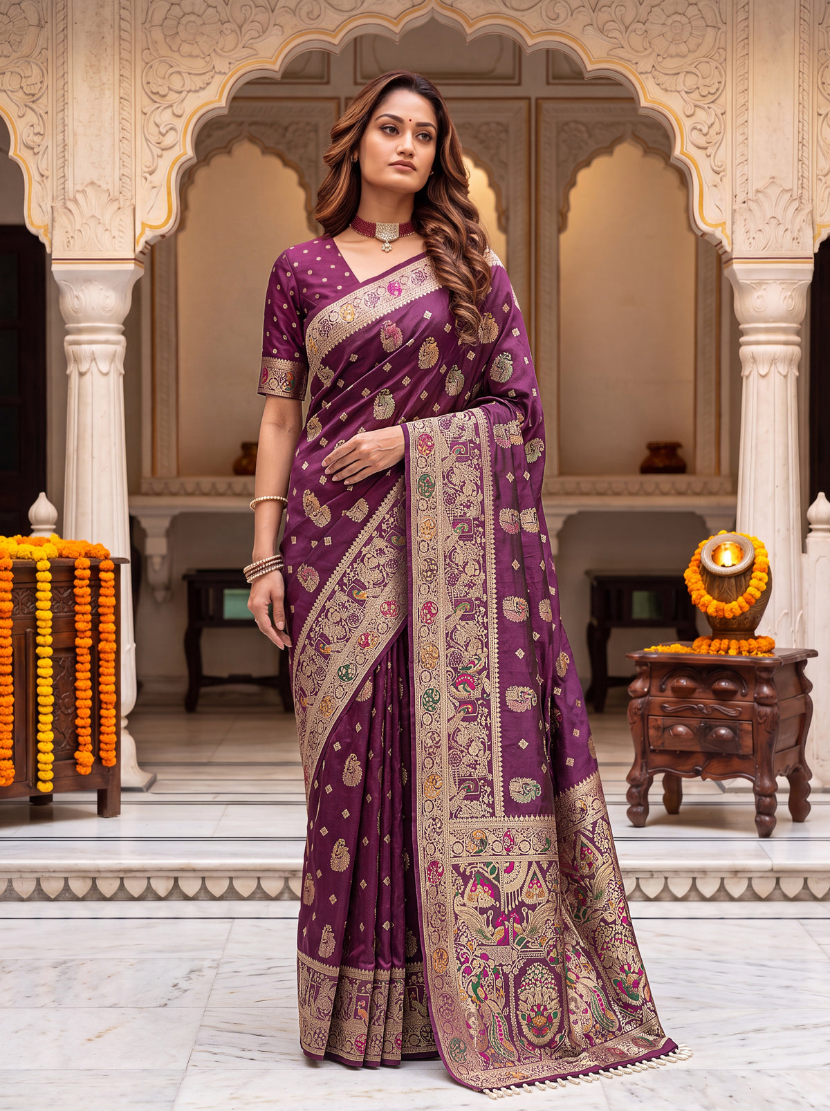 Royal Cherry Banarasi Silk Collectio Saree – Designer Festiven