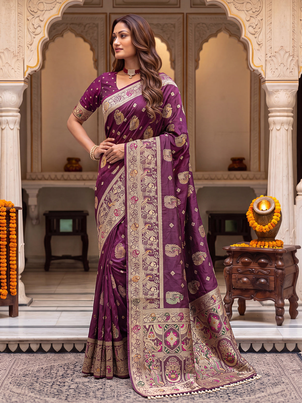 Royal Cherry Banarasi Silk Collectio Saree – Designer Festiven