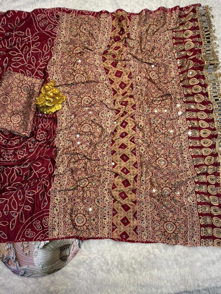 Wine Red Modal Silk Saree with Floral Mandala Print, Mirror Lace Border & Designer Pallu | Festive Wear Saree