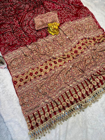 Wine Red Modal Silk Saree with Floral Mandala Print, Mirror Lace Border & Designer Pallu | Festive Wear Saree