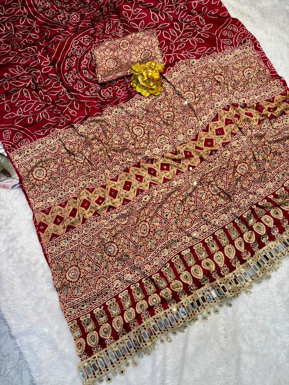 Wine Red Modal Silk Saree with Floral Mandala Print, Mirror Lace Border & Designer Pallu | Festive Wear Saree