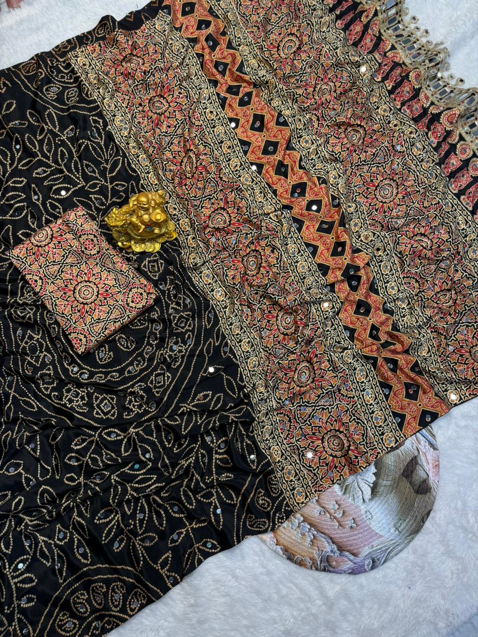 Black Modal Silk Saree with Floral Mandala Print, Mirror Lace Border & Designer Pallu | Festive Wear Saree