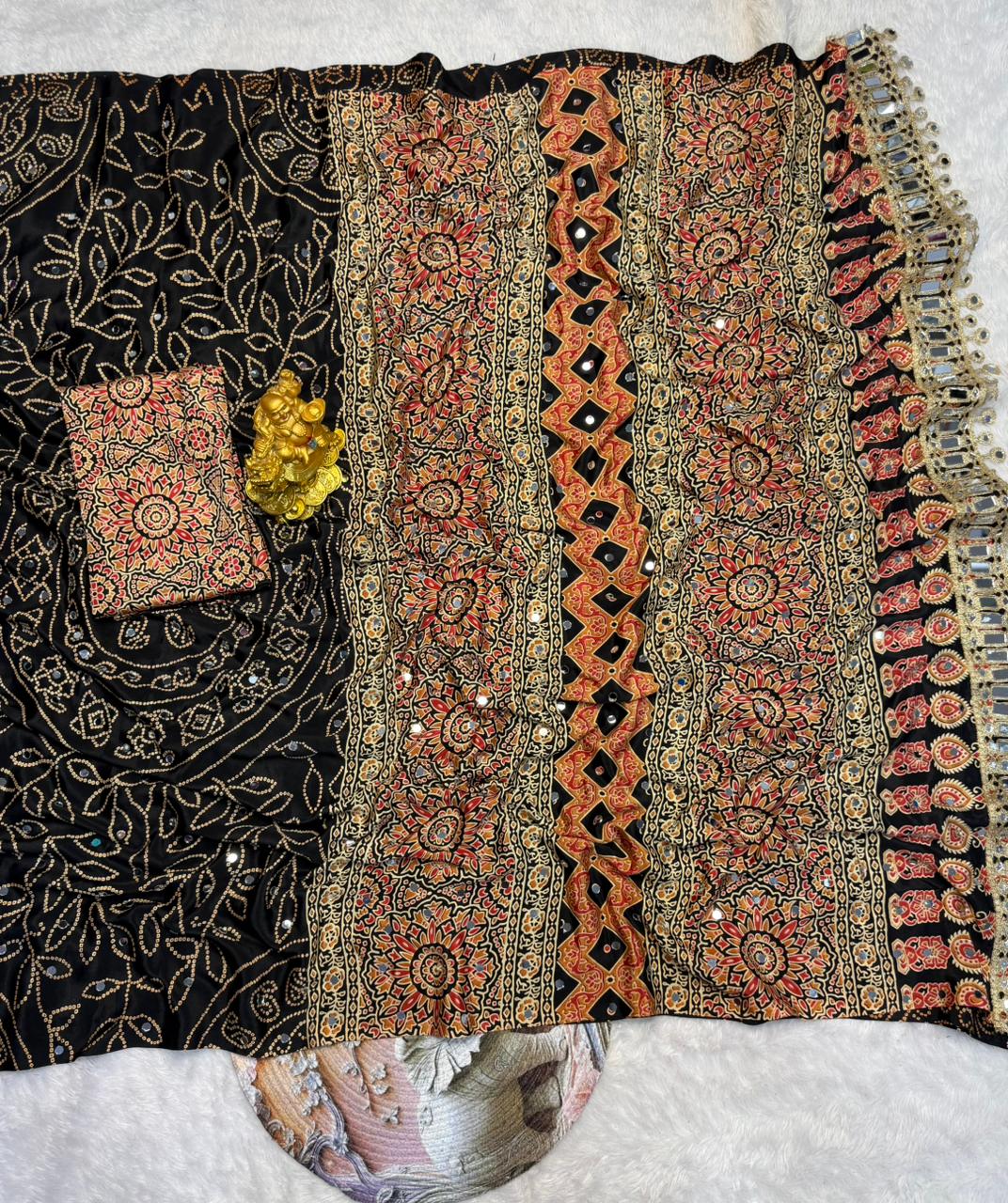 Black Modal Silk Saree with Floral Mandala Print, Mirror Lace Border & Designer Pallu | Festive Wear Saree