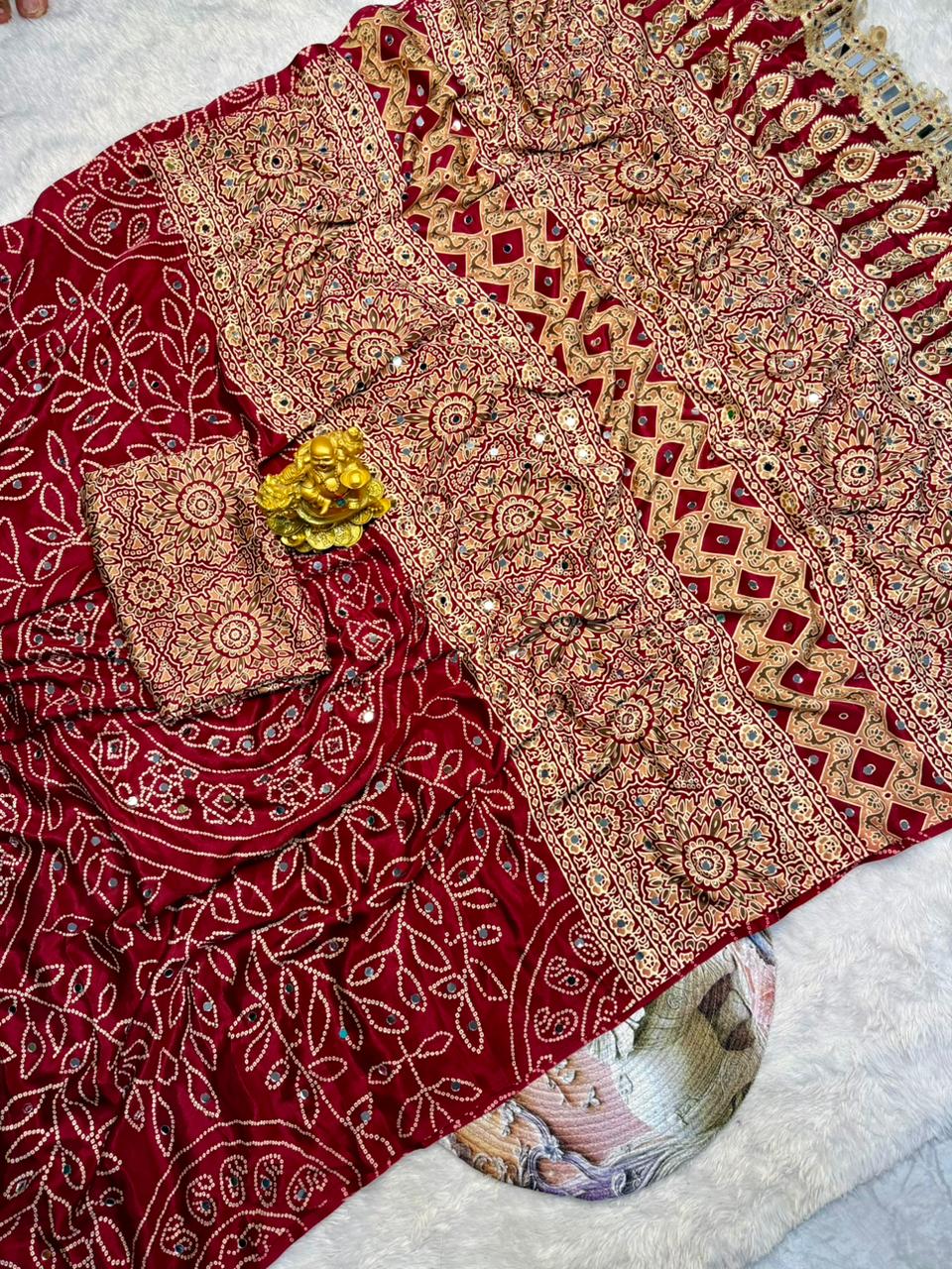 Wine Red Modal Silk Saree with Floral Mandala Print, Mirror Lace Border & Designer Pallu | Festive Wear Saree