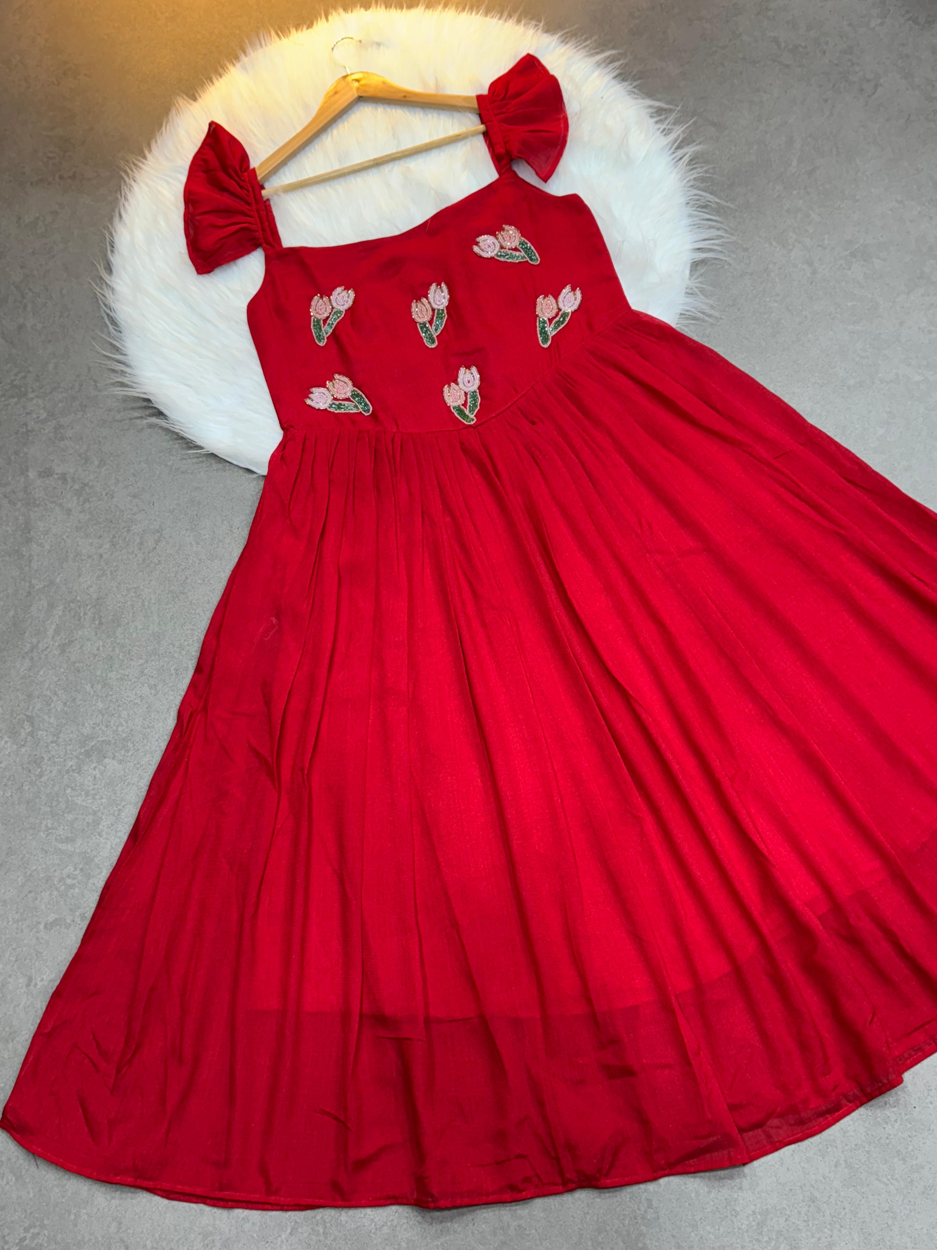 Red Vichitra Silk Handwork Maxi Dress with Beads & Kardana Embroidery Ethnic Party Wear Gown