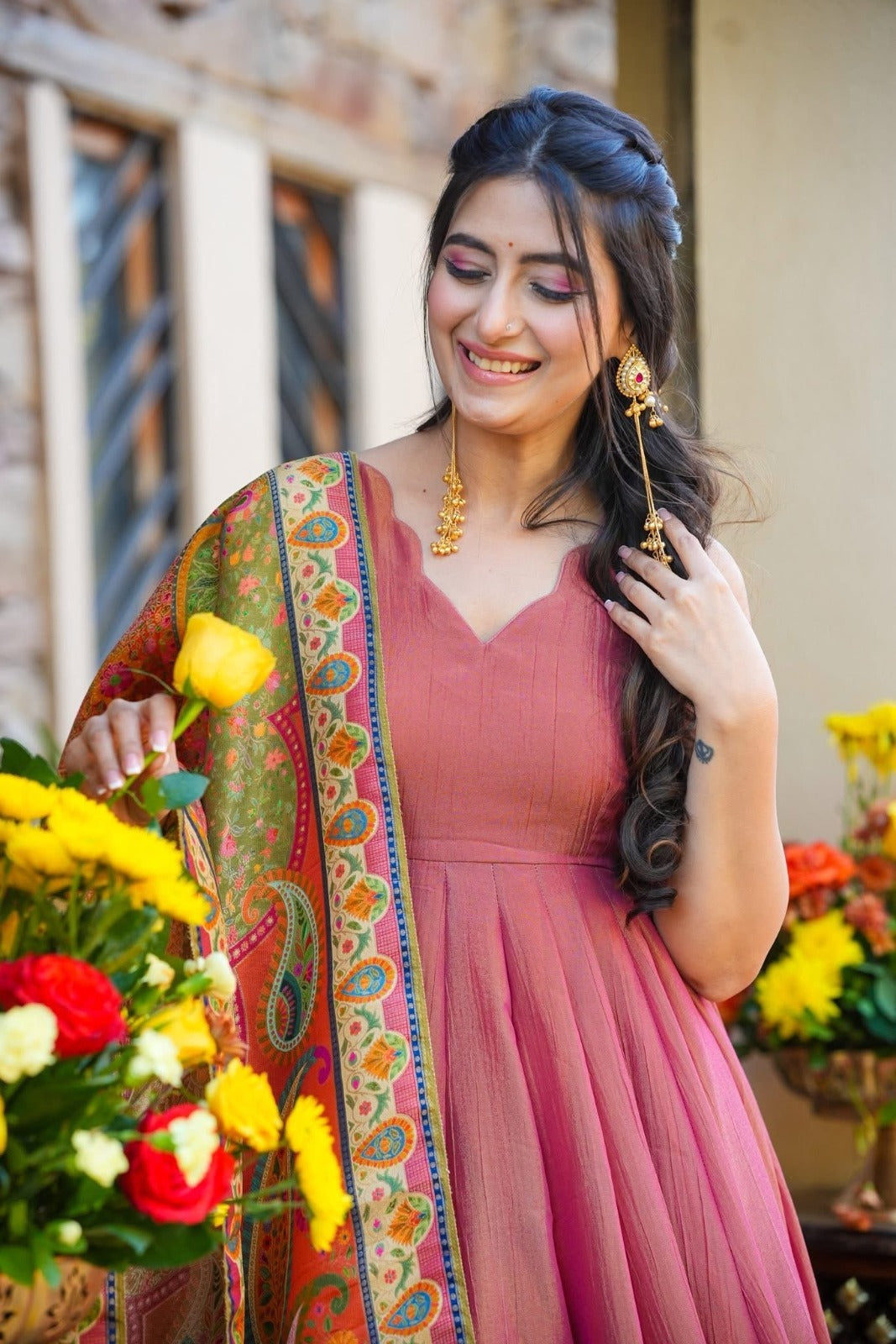 Party Wear Kurti Set with Heavy Printed Dupatta – Peach Pink