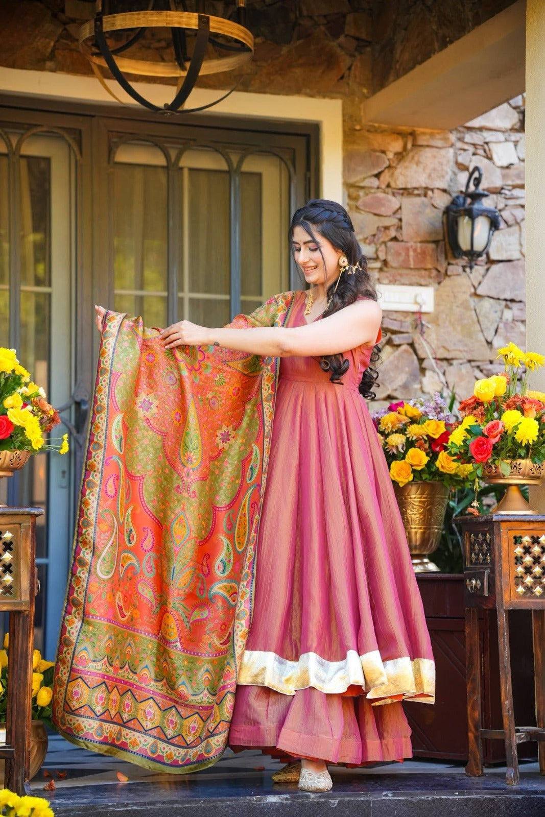 Party Wear Kurti Set with Heavy Printed Dupatta – Peach Pink