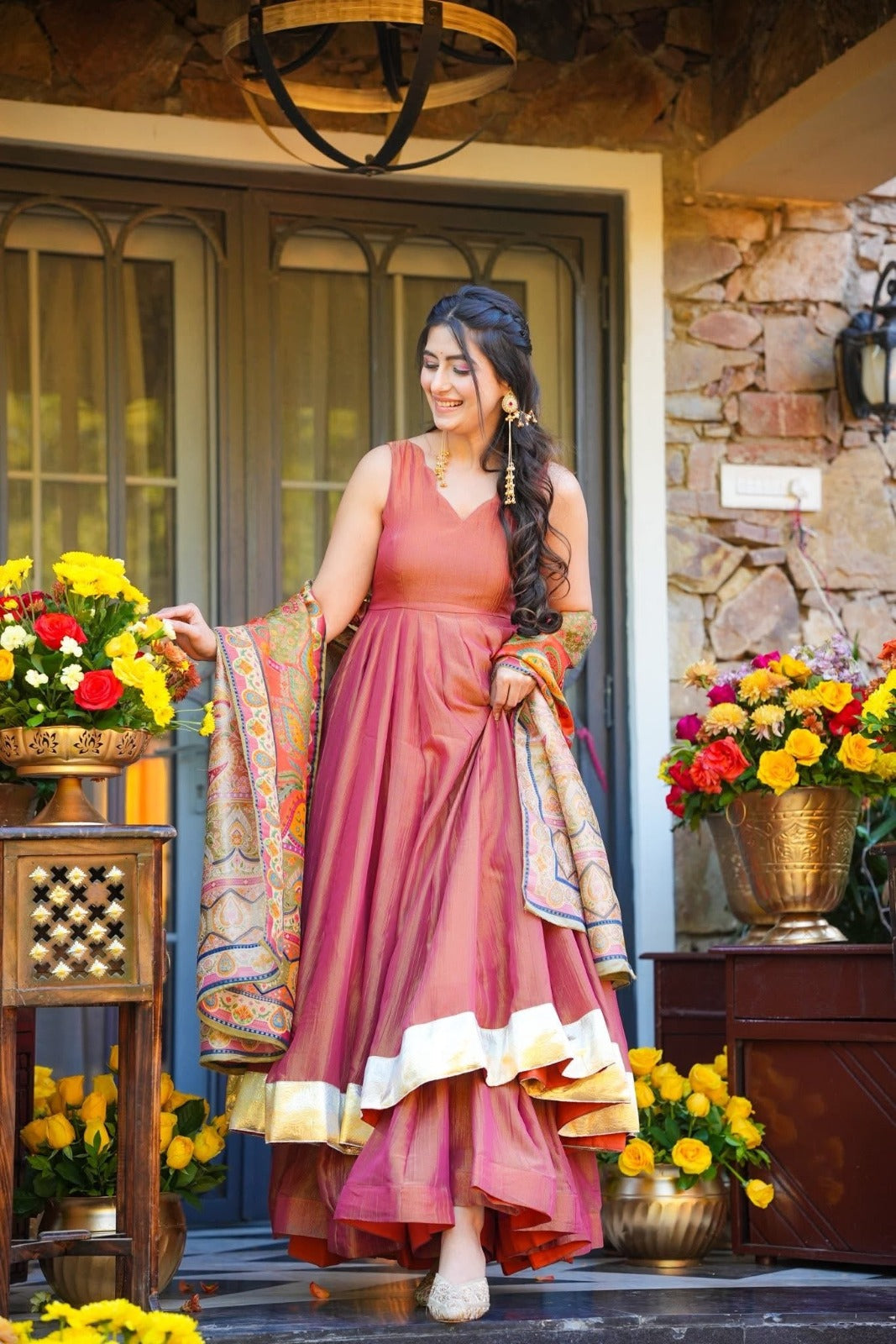 Party Wear Kurti Set with Heavy Printed Dupatta – Peach Pink
