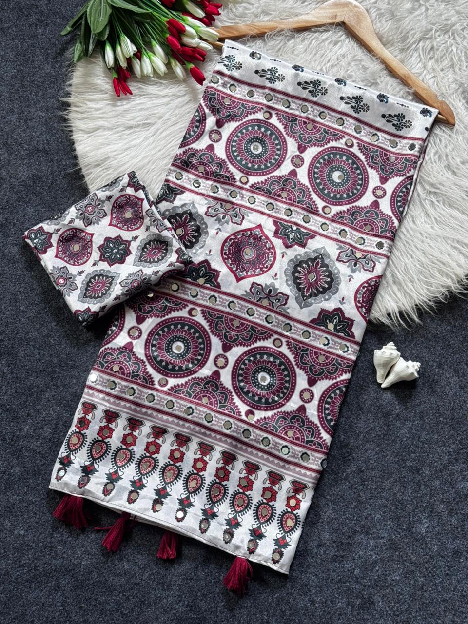 Vintage-Inspired Mirror Work Silk Saree