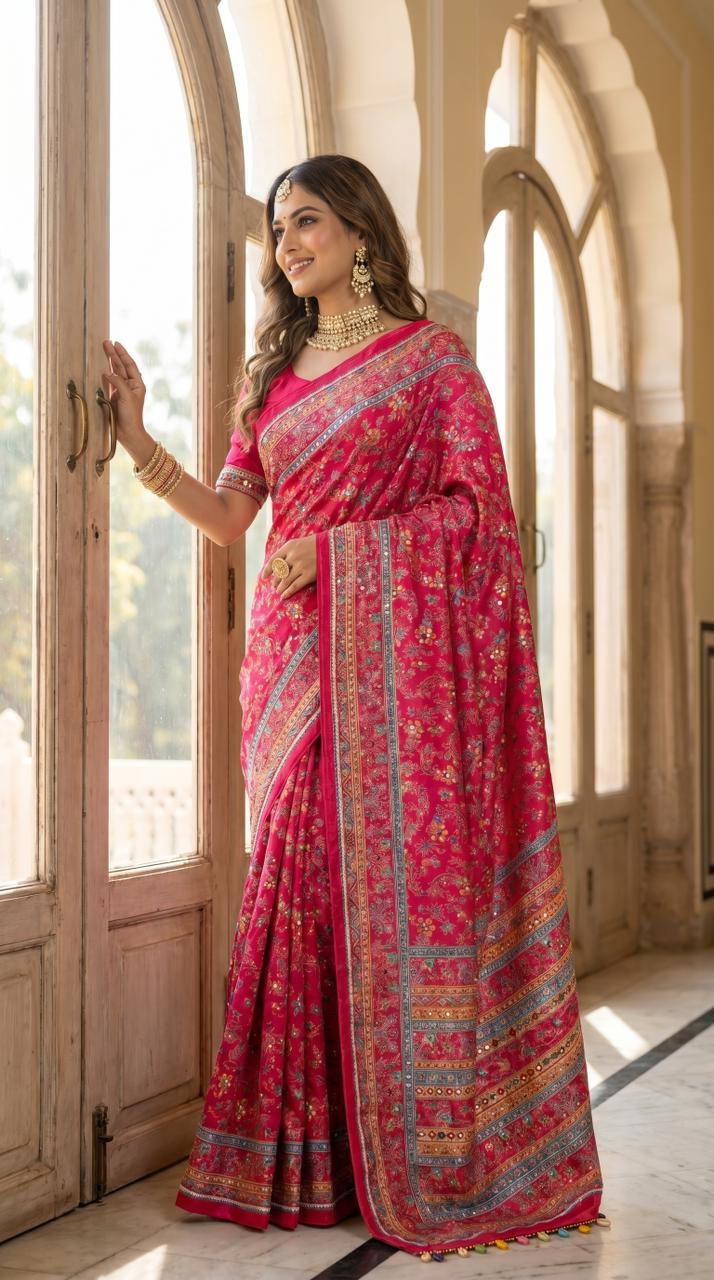 Rani Pink Mirror Work Silk Saree with Regal Ethnic Borders
