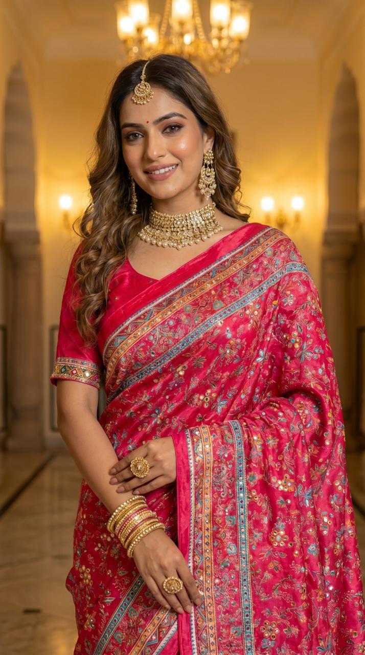 Rani Pink Mirror Work Silk Saree with Regal Ethnic Borders