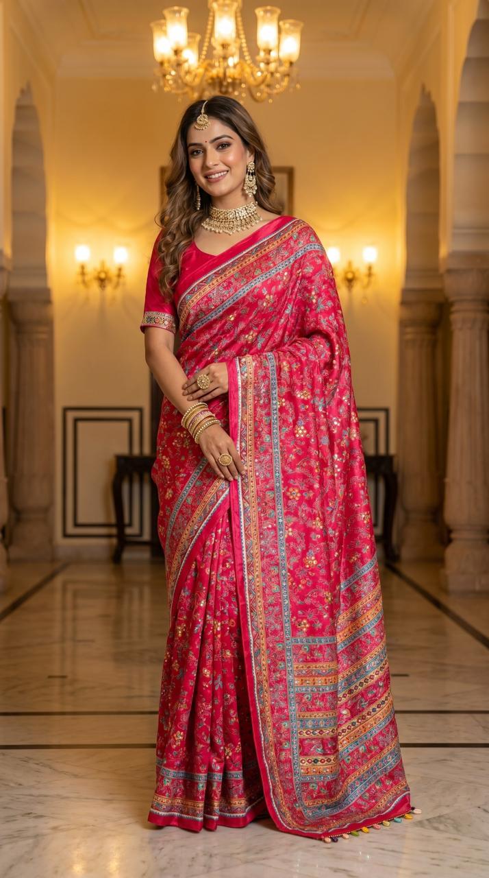 Rani Pink Mirror Work Silk Saree with Regal Ethnic Borders