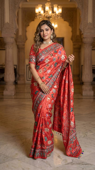 Burnt Orange Mirror Work Silk Saree with Floral Ethnic Design