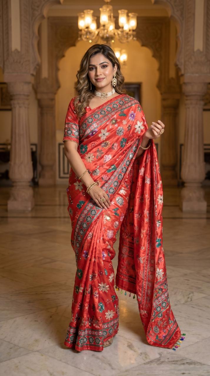 Burnt Orange Mirror Work Silk Saree with Floral Ethnic Design