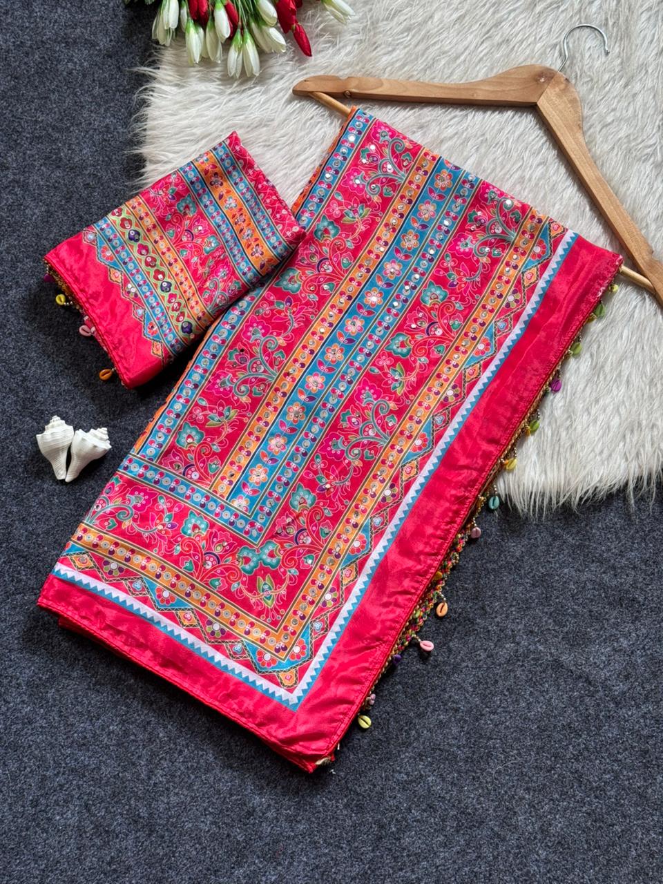 Rani Pink Mirror Work Silk Saree with Regal Ethnic Borders