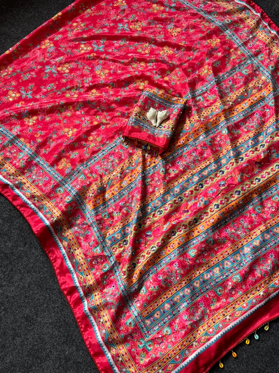 Rani Pink Mirror Work Silk Saree with Regal Ethnic Borders