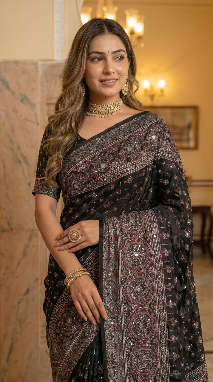 Ajrakh Printed Saree Black Modal Silk with Heritage Medallion Motifs, Rich Traditional Pallu & Tassel Detailing
