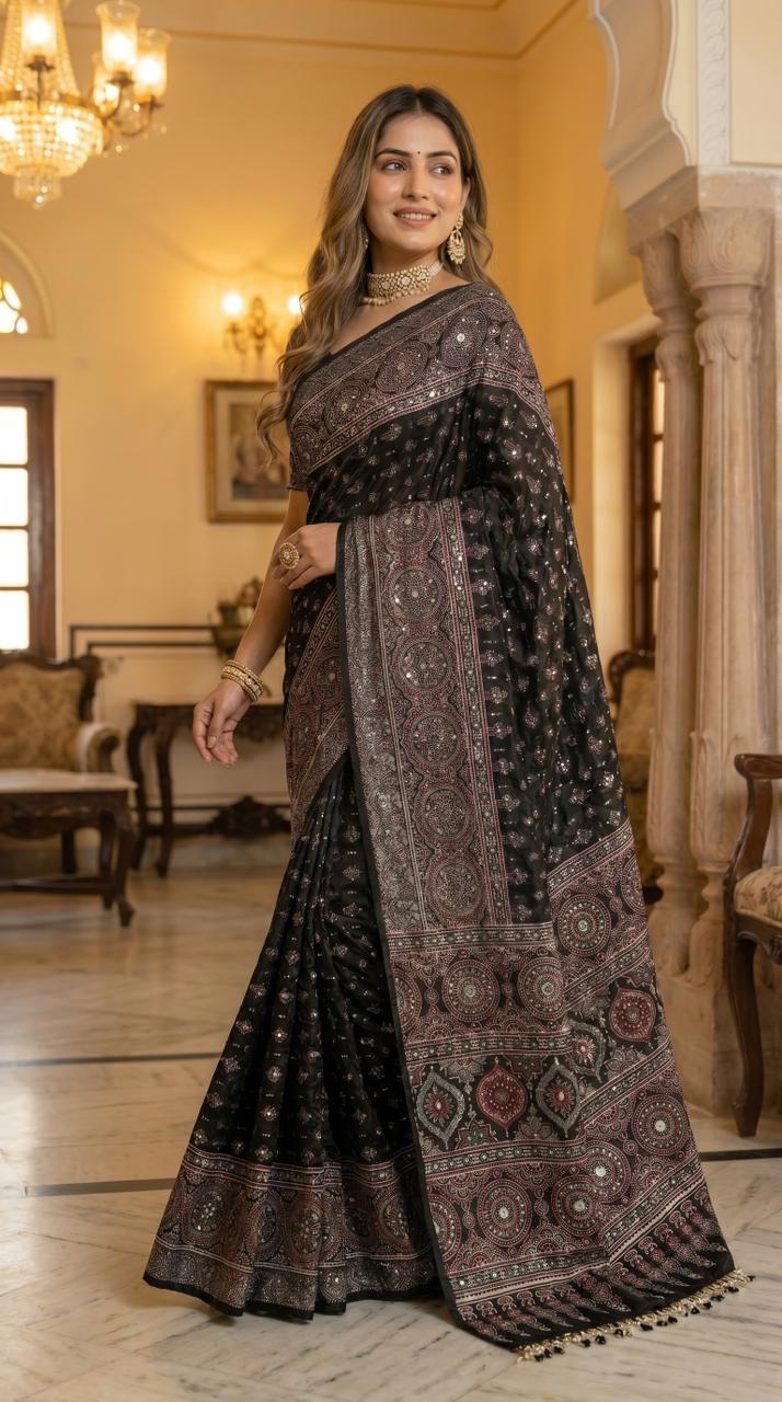 Ajrakh Printed Saree Black Modal Silk with Heritage Medallion Motifs, Rich Traditional Pallu & Tassel Detailing
