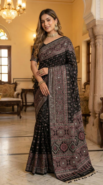 Ajrakh Printed Saree Black Modal Silk with Heritage Medallion Motifs, Rich Traditional Pallu & Tassel Detailing