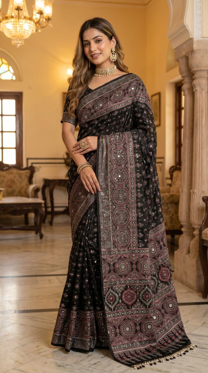 Ajrakh Printed Saree Black Modal Silk with Heritage Medallion Motifs, Rich Traditional Pallu & Tassel Detailing
