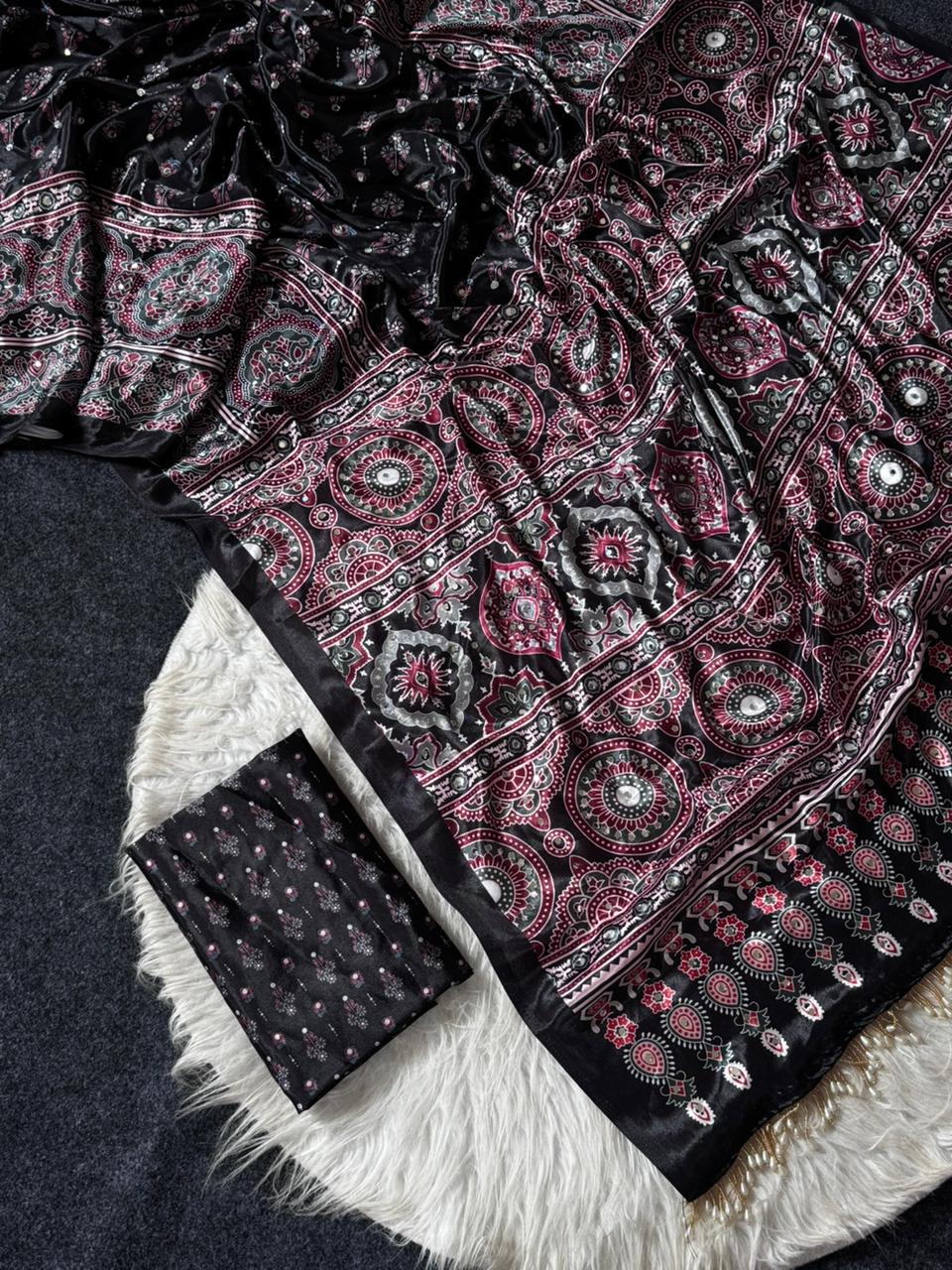 Ajrakh Printed Saree Black Modal Silk with Heritage Medallion Motifs, Rich Traditional Pallu & Tassel Detailing