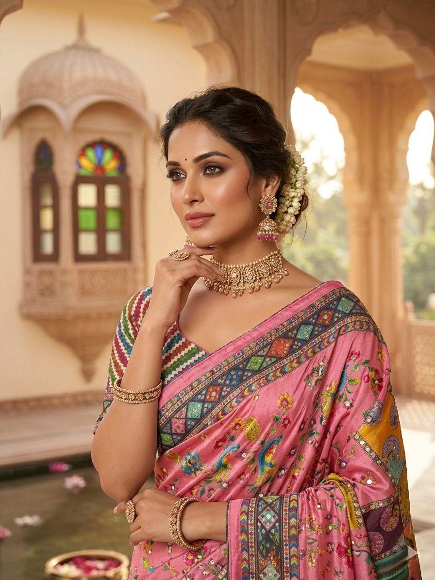 Multicolor Soft Fox Georgette Saree with Real Mirror Work & Khatli Hand Embellishments